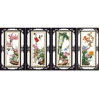tranh thêu chữ thập tứ quý đào lan trúc cúc kt 37x88cm (4 bức rời)