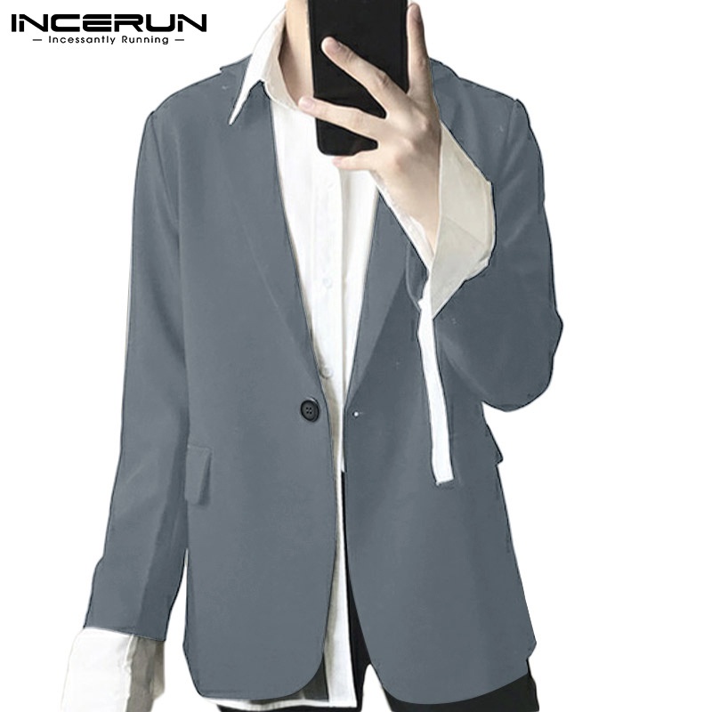 Áo blazer INCERUN màu trơn tay dài phối một nút phong cách Hàn Quốc thời trang cho nam