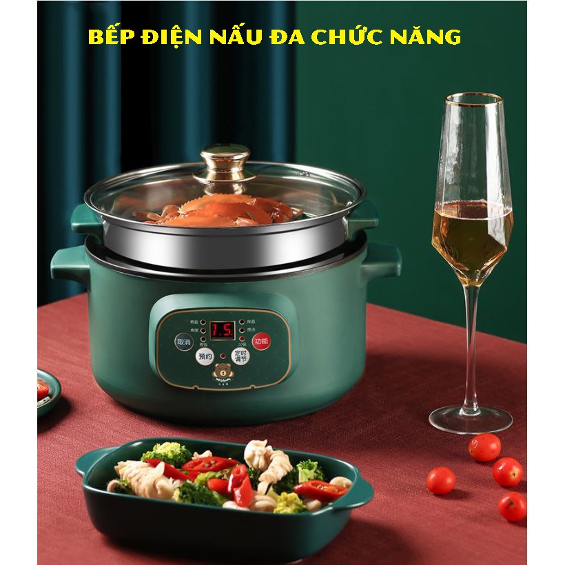 Nồi Lẩu Điện Đa Chức Năng - Chế Độ Hẹn Giờ Thông MInh, Bề Mặt Chống Dính - Nồi Nấu Cơm Cháo, Nồi Hấp, Chiên, Xào...