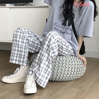 Quần dài ống rộng kẻ ô phong cách retro thời trang Hàn Quốc