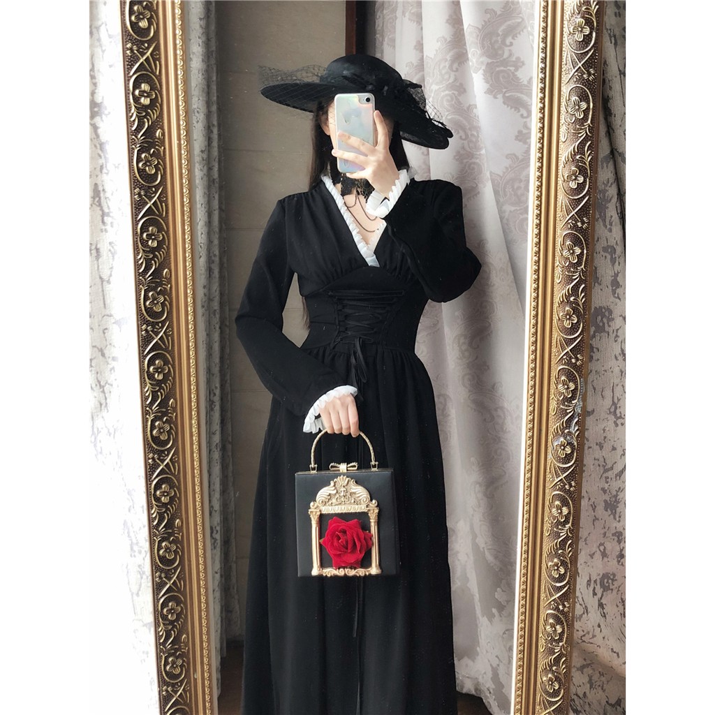 Đầm tiểu thư black basic cổ V thắt eo phối phong cách Pháp kèm ảnh thật ♥︎ | BigBuy360 - bigbuy360.vn