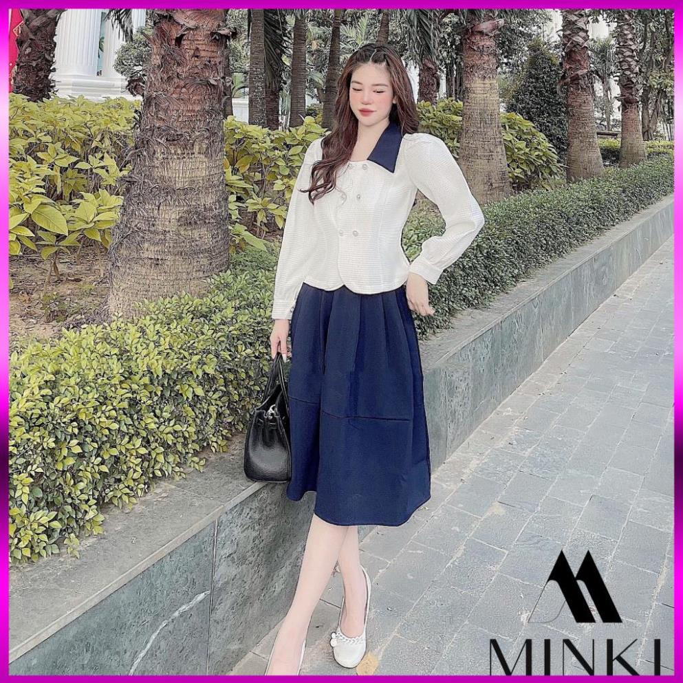 [HÀNG THIẾT KẾ] SET SƠ MI CÚC CHÂN VÁY XANH THAN CỔ ĐIỂN - CHẤT LIỆU CAO CẤP - PHỐI MÀU TRẮNG VÀ XANH ĐEN | BigBuy360 - bigbuy360.vn
