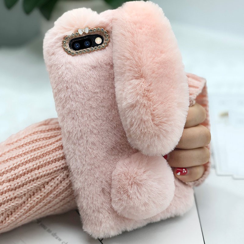 Ốp điện thoại thỏ lông mềm dễ thương có đính đá cho iPhone 6s 7 8 Plus | BigBuy360 - bigbuy360.vn