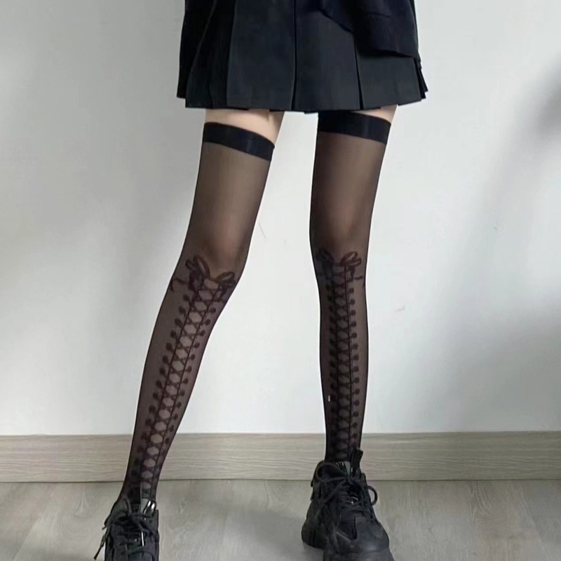 Youyo Vớ Cao Qua Đùi Mỏng Màu Đen Phối Nơ Phong Cách Harajuku Nhật Bản Harajuku Cho Nữ