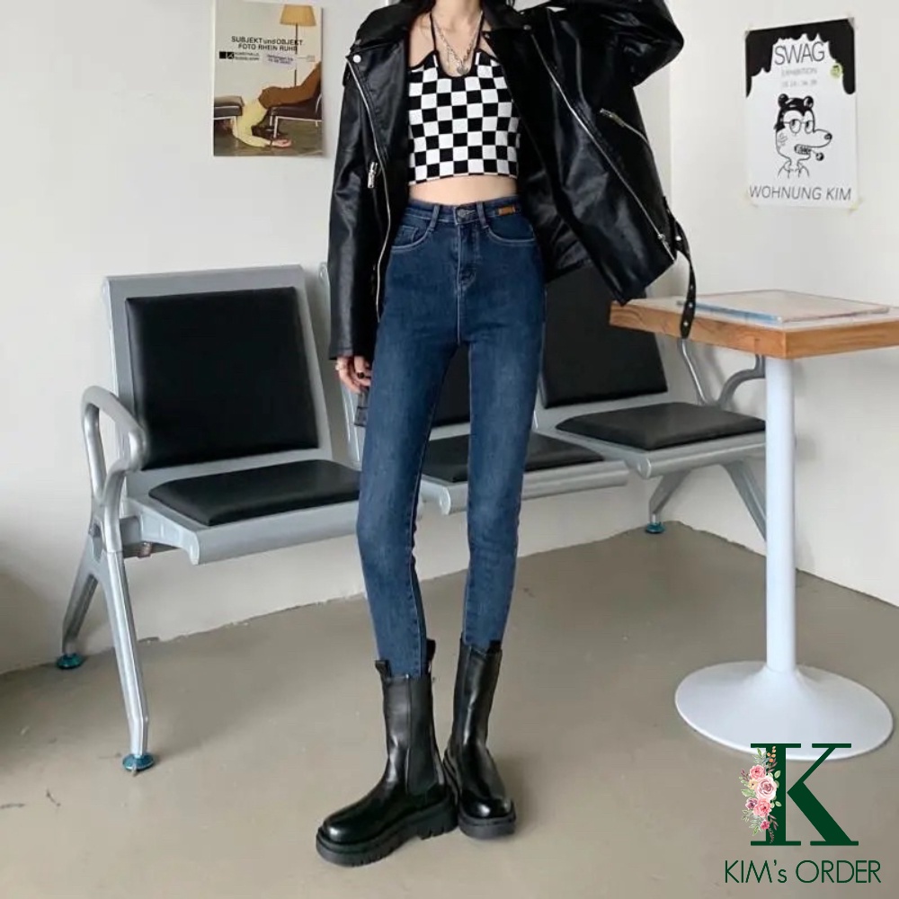 Quần jean nữ màu xanh đen skinny ống côn dài cạp lưng cao tôn dáng chất co dãn loại 1 style Hàn Quốc cá tính sành điệu