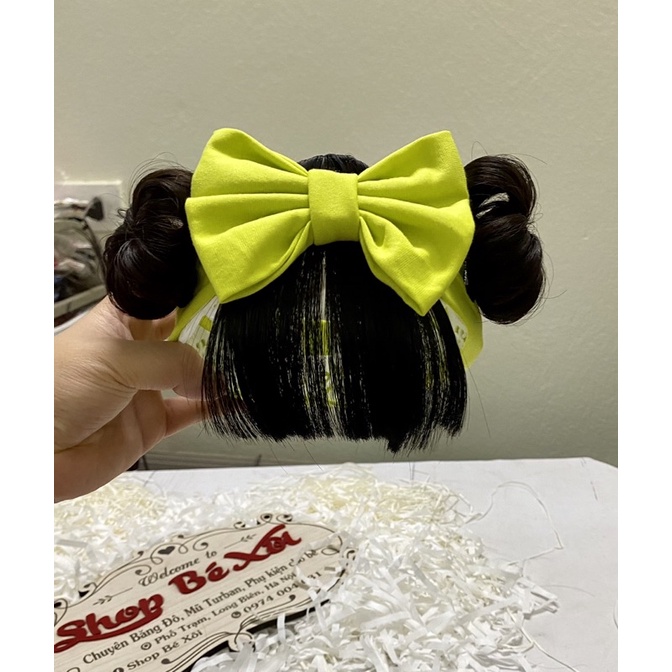 Turban tóc giả cho bé nơ kèm tóc mái - cotton mềm- Băng đô tóc giả cho bé