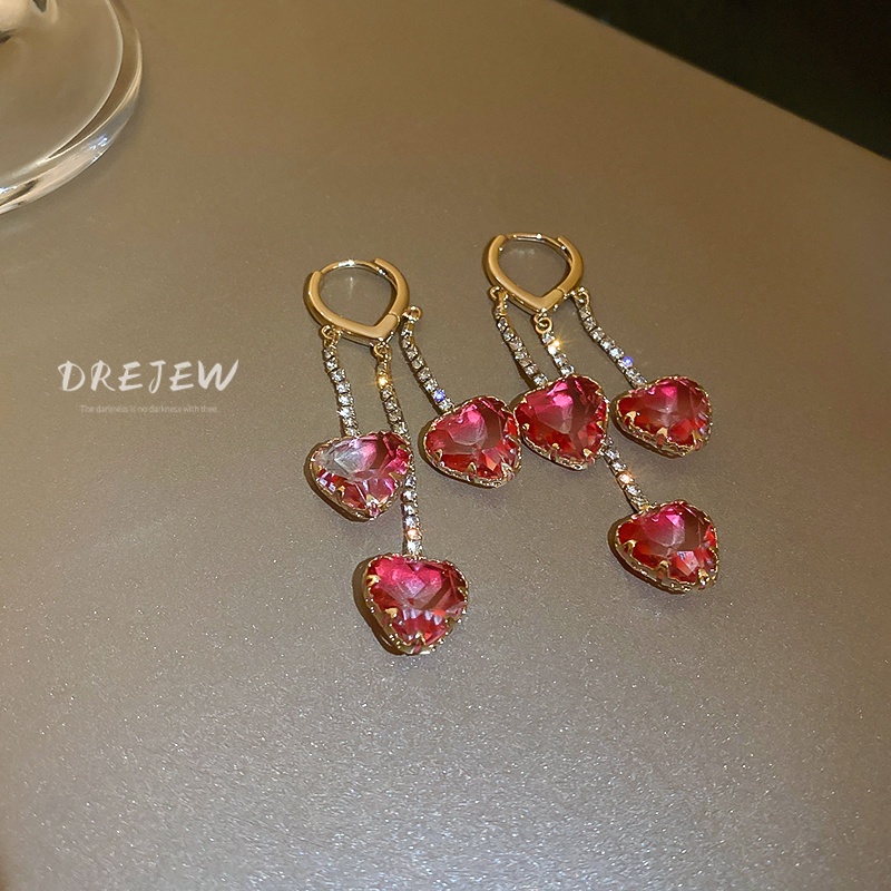 DREJEW Khuyên tai dáng dài mạ vàng đính kim cương giả kiểu trái tim phối tua rua sang trọng thời trang cao cấp cho nữ