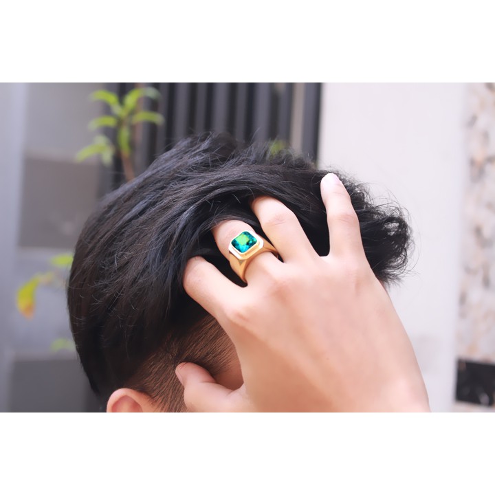 NHẪN NAM INOX MẠ VÀNG TRƠN ĐÁ XANH NƯỚC BIỂN siêu đẹp - tặng hộp đựng xinh xắn