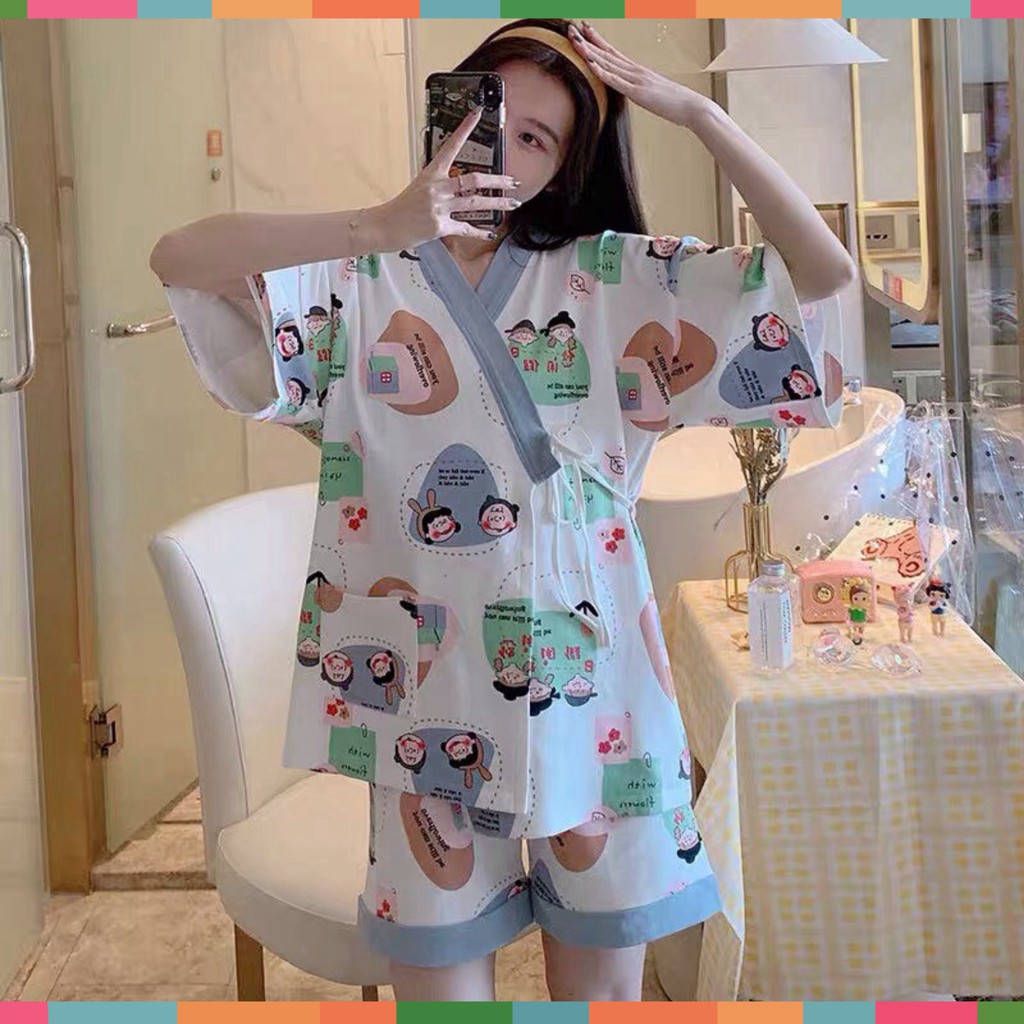Set Bộ Pijama Nữ Dây Eo Áo Ngắn Tay Kèm Quần Short Icon So Hot | BigBuy360 - bigbuy360.vn