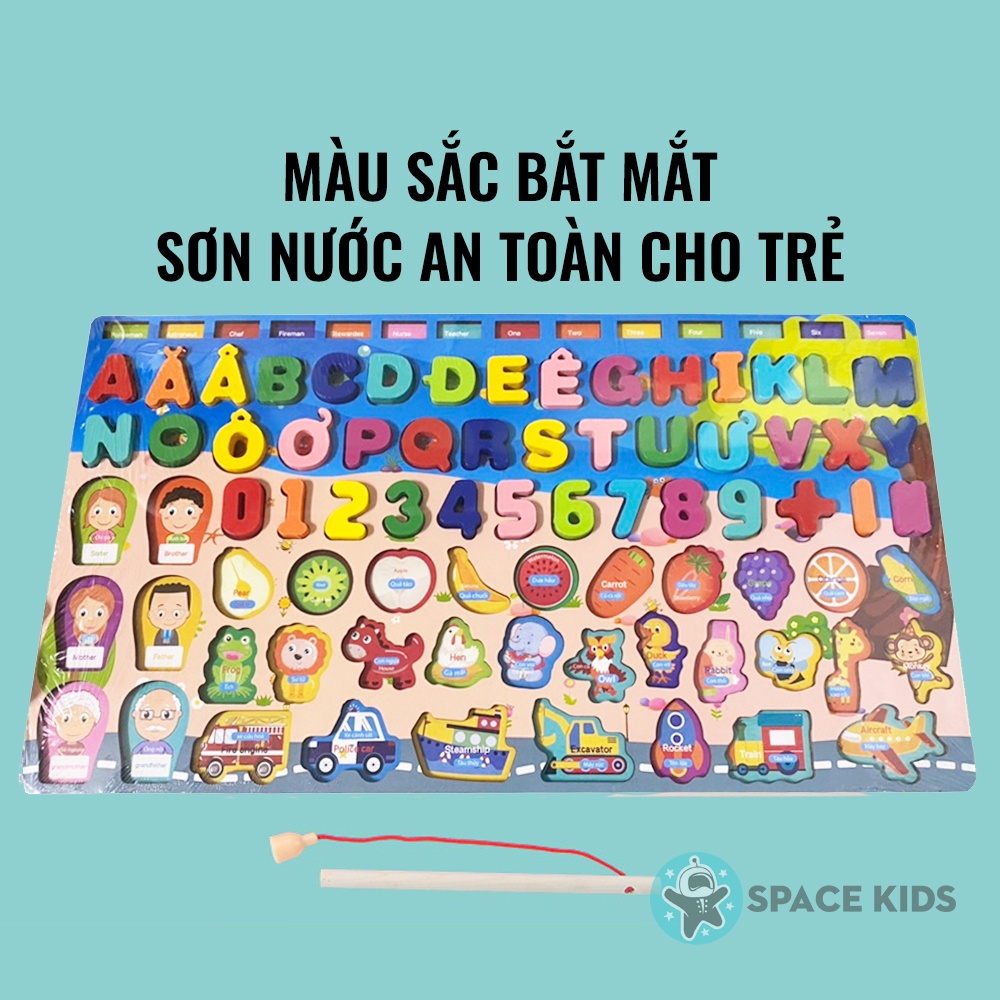 Đồ chơi gỗ thông minh Bảng chữ cái TIẾNG VIỆT câu cá gỗ 7 in 1, đồ chơi giáo dục montessori phát triển trí tuệ