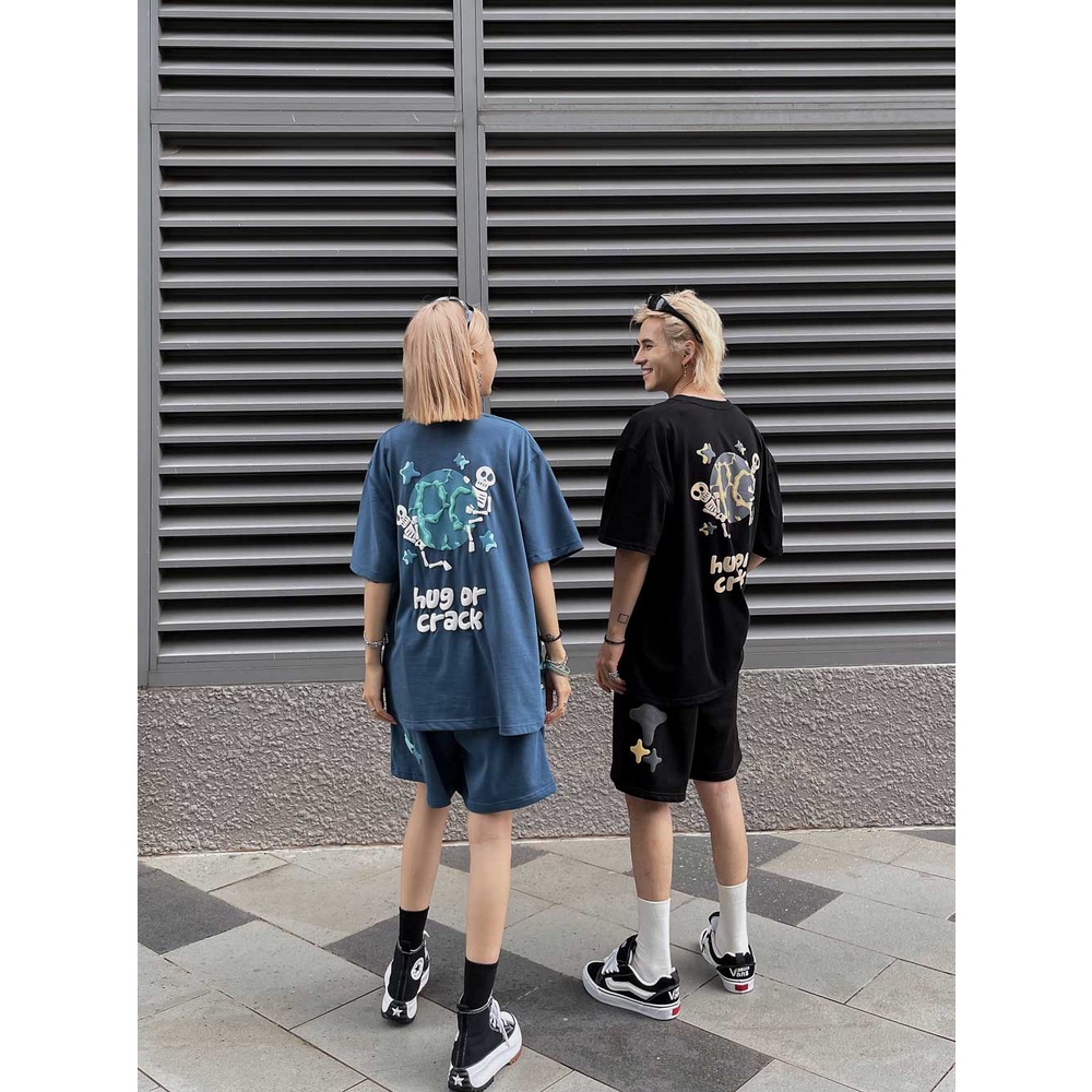 Áo Thun Nam Nữ PC BRAND - PLANET CRACK - HUG OR CRACK TEE Form rộng Xám/Xanh/Đen Họa tiết In Nổi 100% Cotton