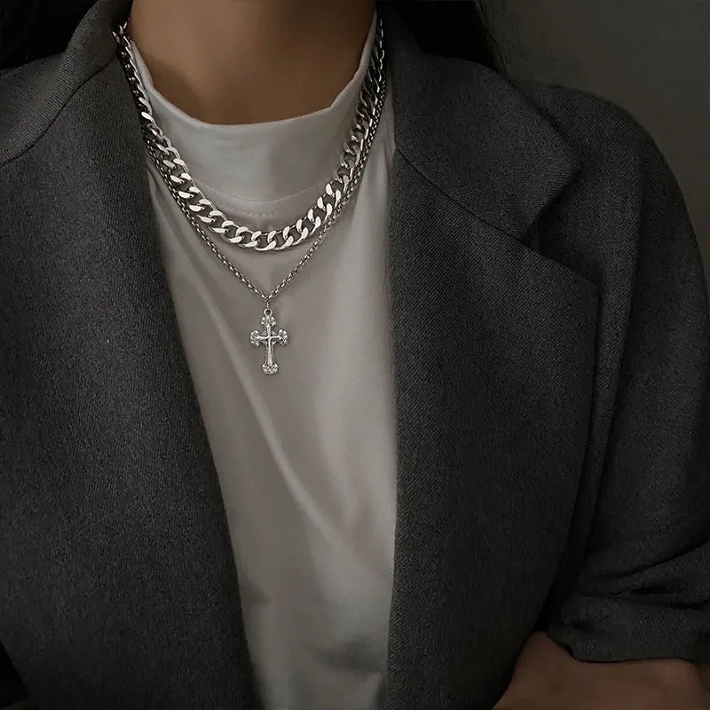 dây chuyền unisex hai lớp thánh giá HipHop phong cách Âu Mỹ cực ngầu
