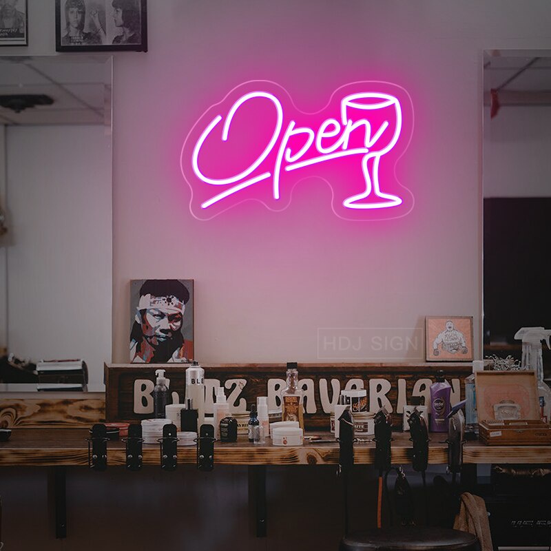 Đèn Led Neon Treo Tường hình chữ Open với ly phù hợp cho quán ánh sáng led neon được ưa chuộng Trang trí nhà cửa