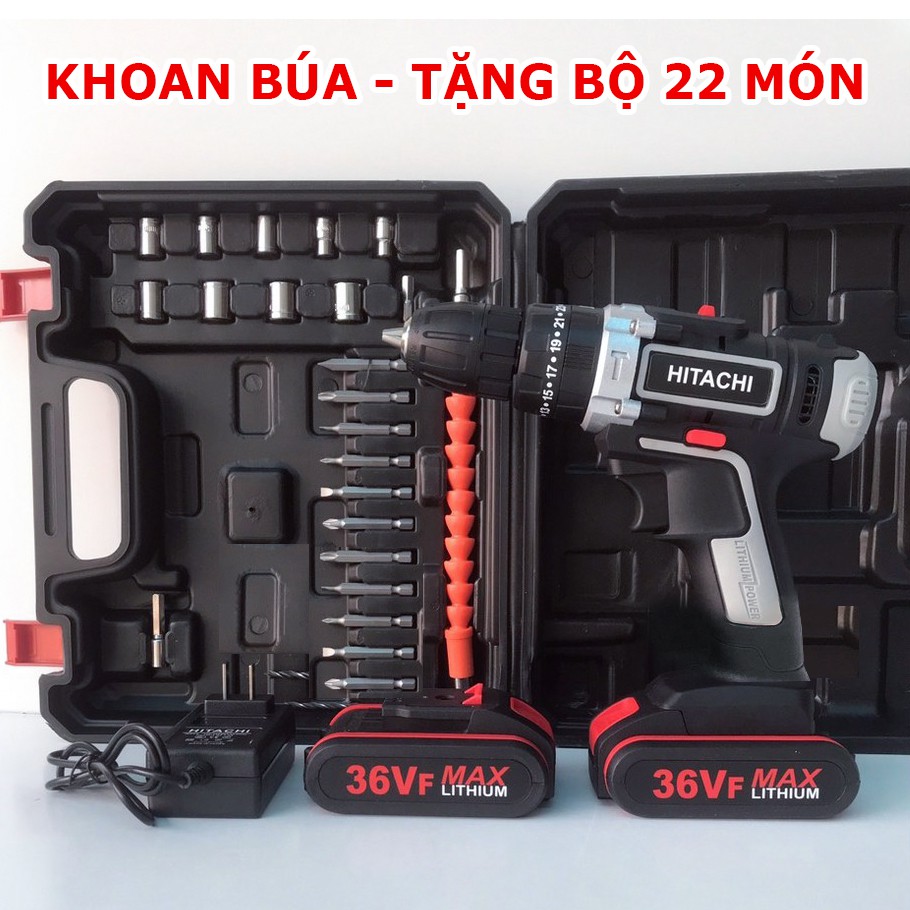 [Tặng bộ 22 chi tiết] Máy Khoan Pin Hitachi 36V 3 Chức Năng - Khoan Bê Tông - Bắt Vít - Hitachi 28V