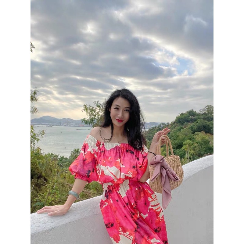 Váy đầm maxi hoa trễ vai xẻ lưng tay phồng bo chun eo dáng suông dài sang trọng sexy đi du lịch biển