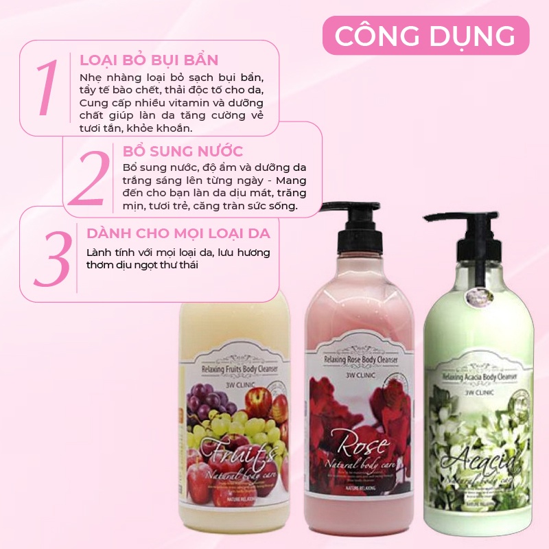 Sữa tắm dưỡng ẩm trắng da 3W Clinic Hàn Quốc cao cấp chiết xuất từ thiên nhiên 1000ml giúp da sạch khuẩn,trắng da