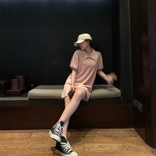 Đầm polo ZHELIHANGFEI ngắn tay dáng rộng họa tiết sọc xinh xắn dành cho nữ