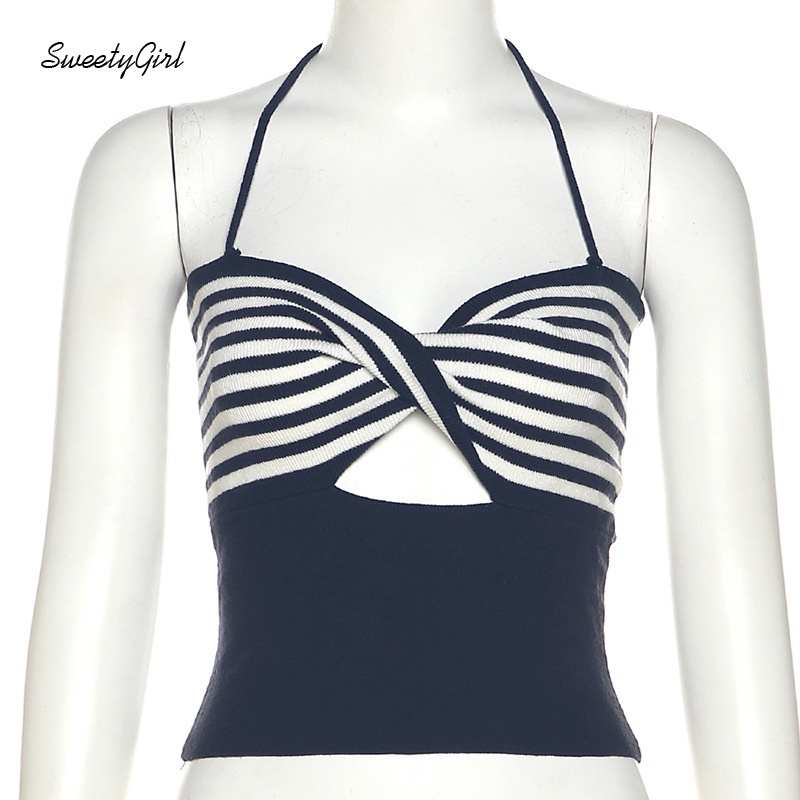 Áo Tank Top Hai Dây Cổ Chữ V Họa Tiết Kẻ Sọc Màu Tương Phản Thời Trang 2022 Cho Nữ