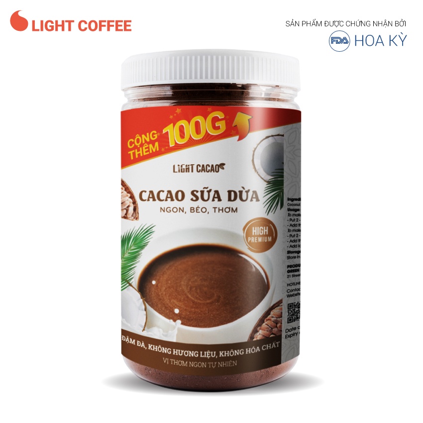 Cacao sữa dừa hòa tan 3in1 thơm ngon, dạng hũ dễ bảo quản Light Coffee - 650g