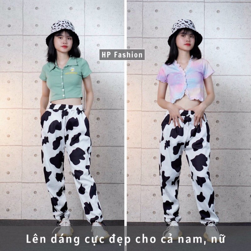 Quần dài form rộng nam nữ in loang bò sữa trend cực hot cho mùa hè