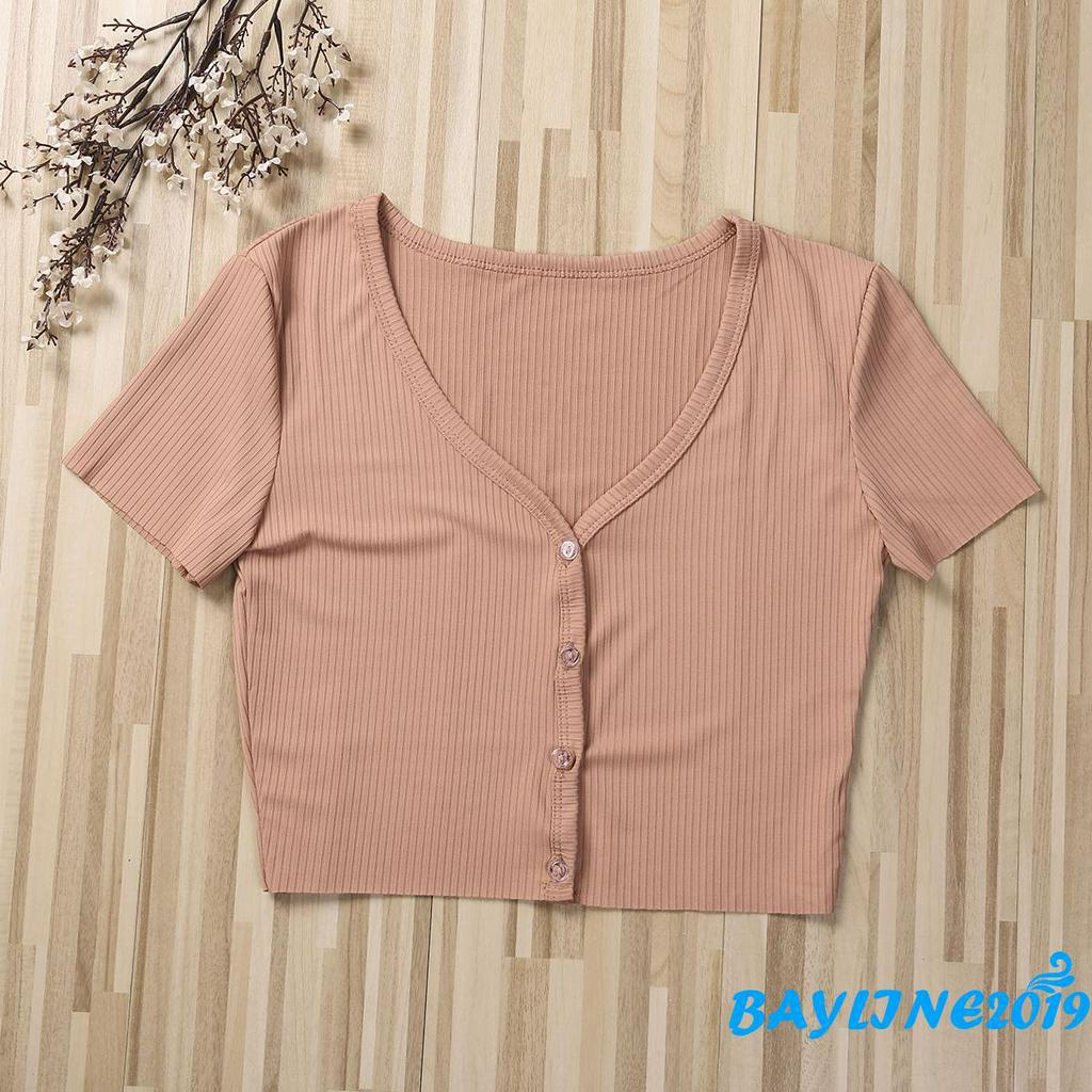 Áo Croptop Dệt Kim Tay Ngắn Cổ Chữ V Thiết Kế Đơn Giản Cho Nữ