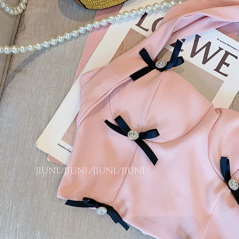 The bow is sweet, spicy, sexy, hanging neck jacket, female high-end French style 2022 new pink summer dress temperament socialite