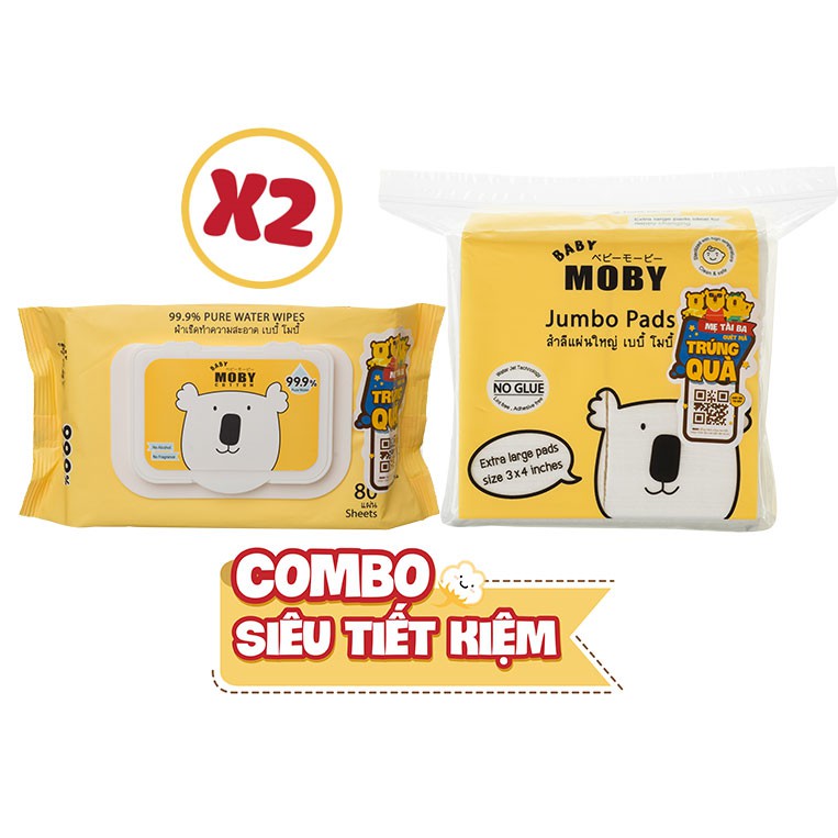 COMBO 02 Gói khăn ướt Moby (80 tờ/gói) + 01 Bông miếng Moby cỡ lớn (100 miếng/gói)