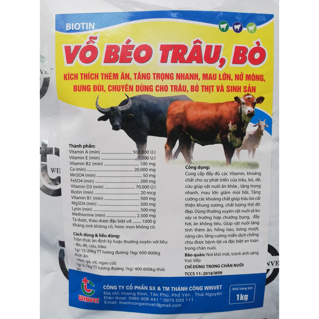 1 kg VỖ BÉO TRÂU, BÒ, CHÓ, KÍCH THÍCH THÈM ĂN, TĂNG TRỌNG NHANH, MAU LỚN, NỞ MÔNG, BUNG ĐÙI, CHUYÊN DÙNG CHO TRÂU, BÒ