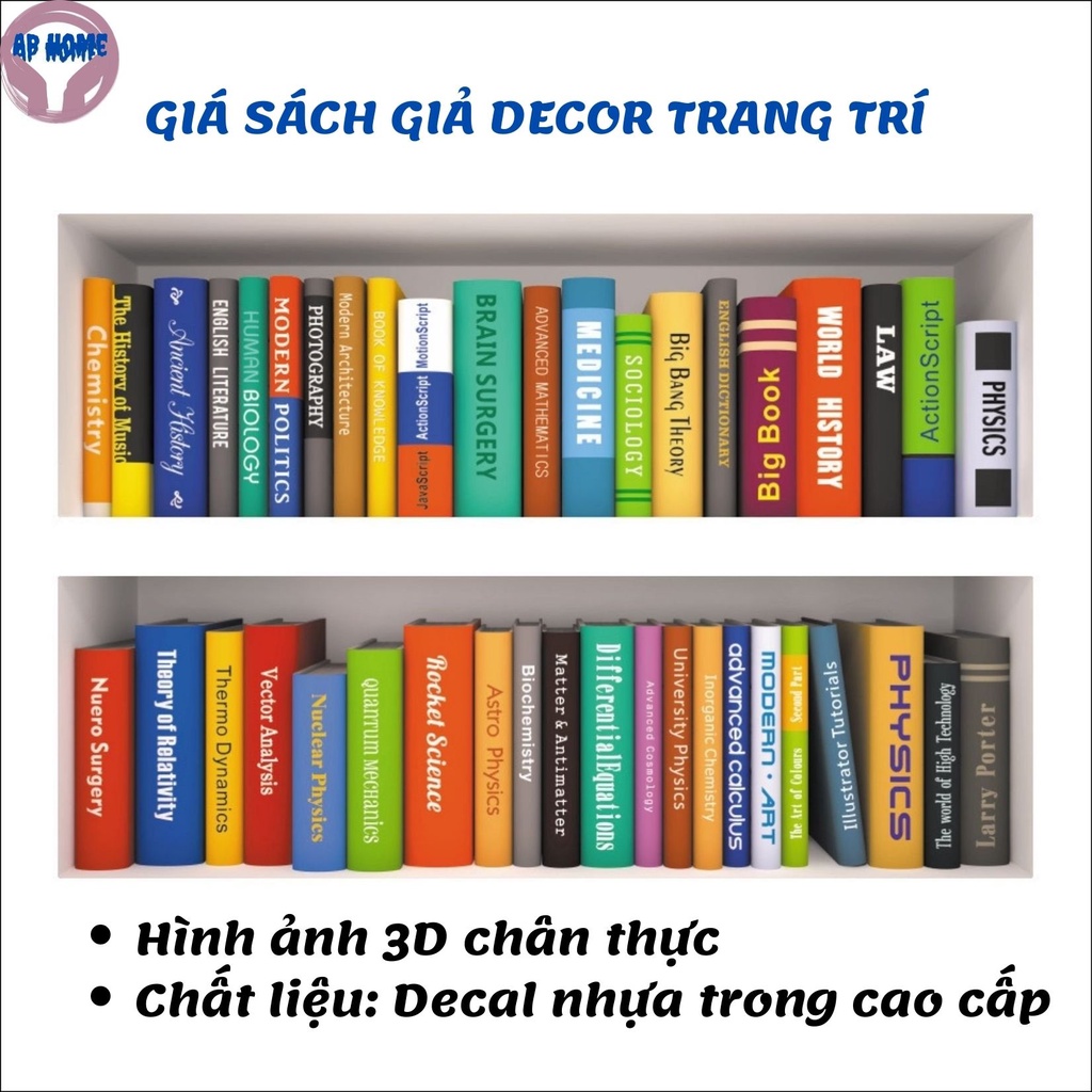 Decal giá sách giả 3D tranh trang trí nhà thư viện phòng học decor chụp ảnh