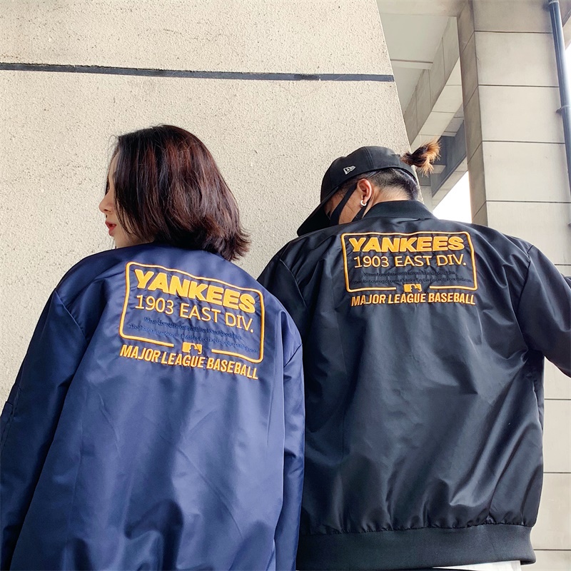 Áo Khoác Bomber Thêu Logo MLB NY Màu Trơn Phối Khóa Kéo Cá Tính Cho Nam Và Nữ