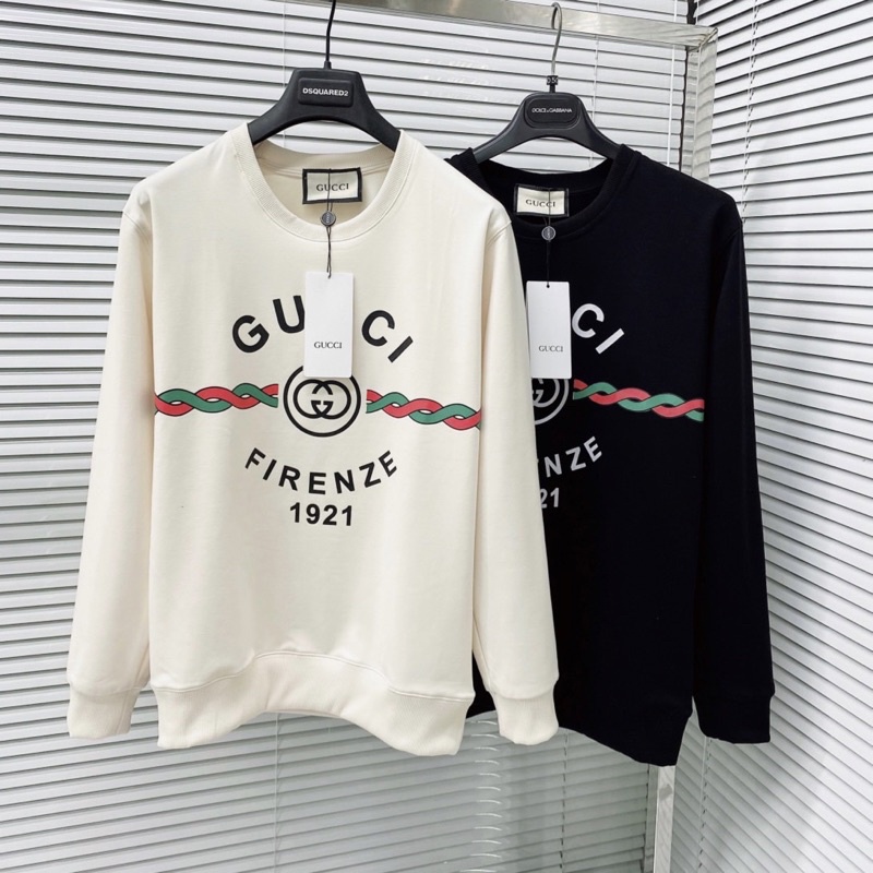 Áo nỉ sweater nam nữ in chữ GG dây xanh đỏ Firenze 1921 ống bo chun dày dặn hai màu đen sữa