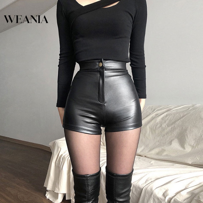 Quần Short Da PU Lưng Cao Phối Nút Size S-2XL Cho Nữ