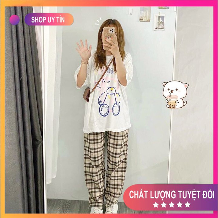 [Mã FADI5K245 giảm 5K đơn 0đ] Set Đồ Nữ 💧Combo Quần Áo💧 ÁO PHÔNG COTTON GẤU BBR MIX QUẦN KẺ CARO DÀI Mã SET04 | BigBuy360 - bigbuy360.vn