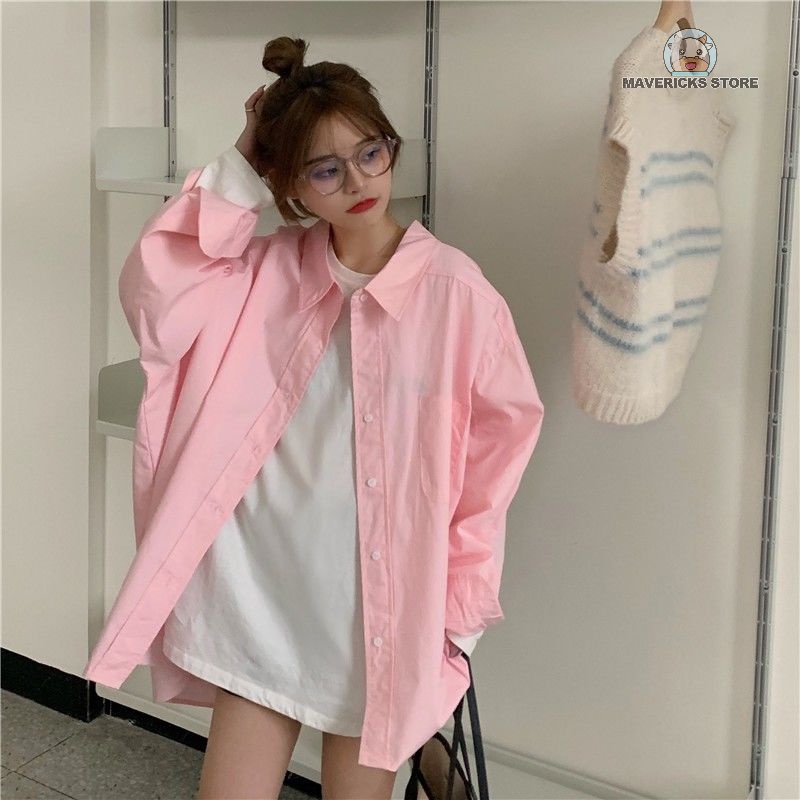 Áo khoác sơ mi dáng rộng màu trơn phong cách Hàn Quốc trẻ trung dành cho nữ