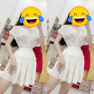 Sét áo ren tay con cổ đắp chéo vai kết hạt phối chân váy xòe xếp ly Hàng Thiết Kế