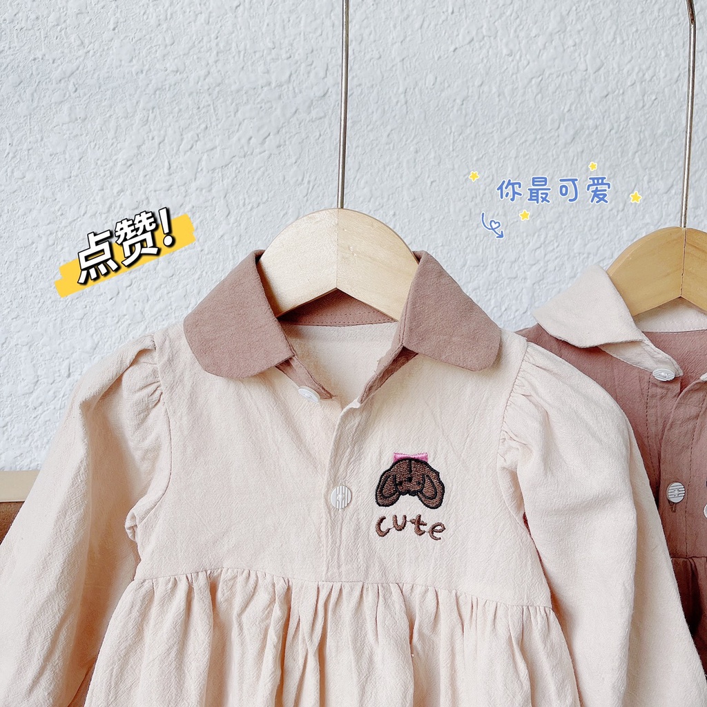 Váy thu dài tay cổ sơ mi thêu cún chất thô cara cho bé gái 1-5 tuổi