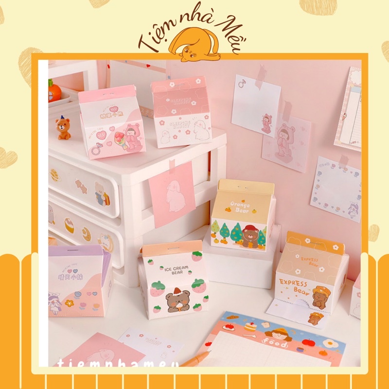 Giấy note hộp sữa 200 tờ; 3 mẫu hình dễ thương, giấy nhớ xinh xắn