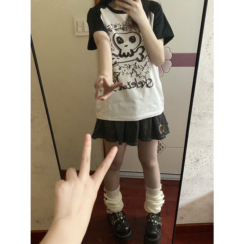 Áo Thun Raglan y2k Tay Ngắn Dáng Rộng Màu Sắc Tương Phản Phong Cách Punk Nhật Bản