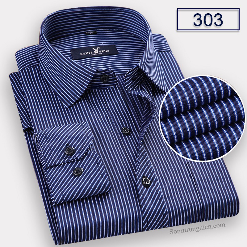 [HÀNG VIỆT NAM] Áo Sơ Mi Nam Công Sở Trung Niên Thương Hiệu Anton Dài Tay Vải Cotton Kẻ Sọc Dọc Màu Xanh Tím Than - 303