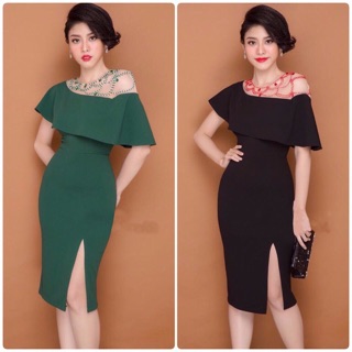 Đầm body xẻ tà lệch vai đính Ngọc  bèo ngực siêu sexy (2 màu: xanh -đen )