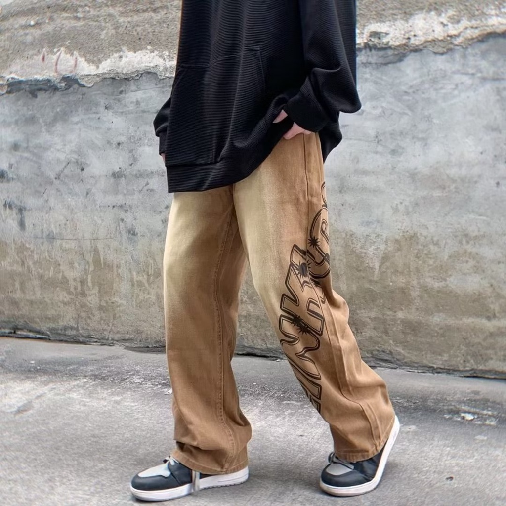 Quần jeans Dài Dáng Rộng In Chữ Phong Cách Thời Trang Nhật Bản Cho Nam Giới Có size Lớn S-3XL