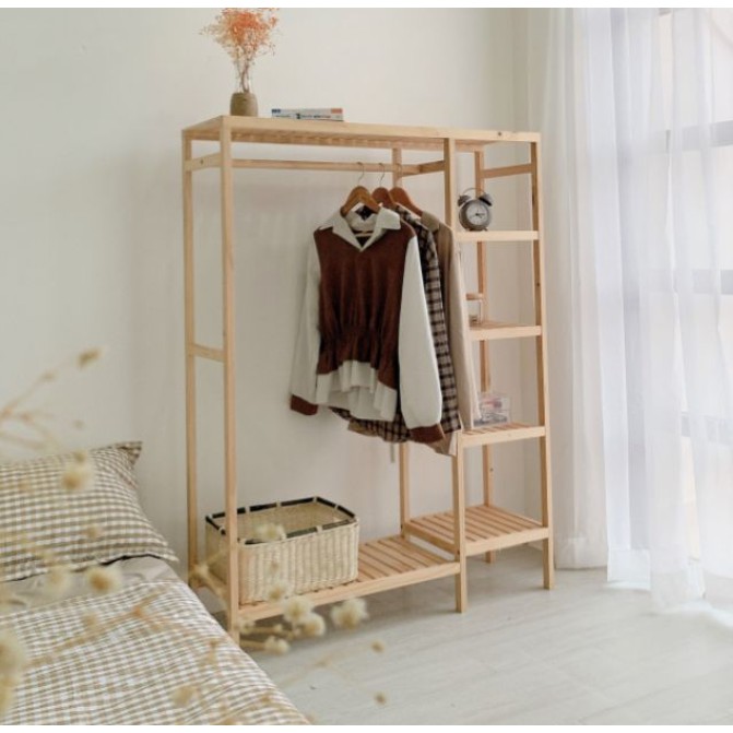 Kệ treo quần áo, tủ treo đồ,giá treo quần áo gỗ thông nhập khẩu 2 khoang SIZE LỚN- DECOR HT