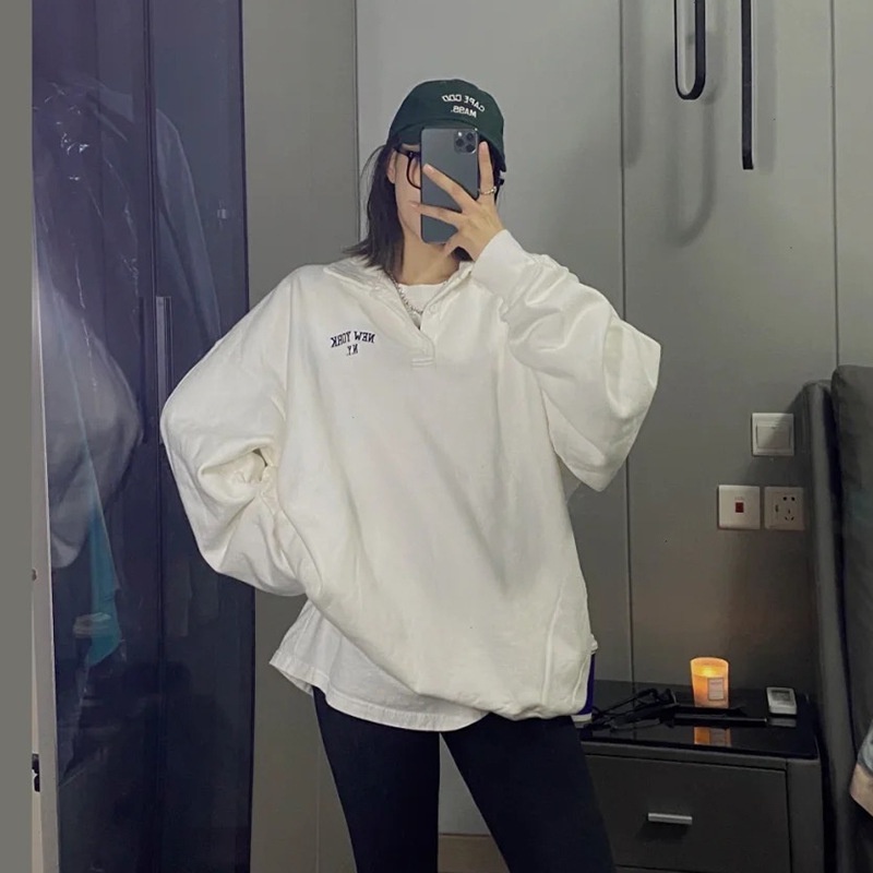 Áo Sweatshirt Dáng Rộng Lót Lông Cừu Lót Lông Cừu Cổ polo Thêu Chữ Phong Cách Mới Brandy Melville BM