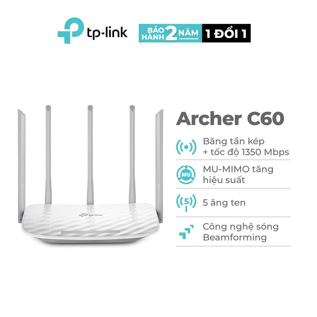 Bộ Phát Wifi TP-Link Archer C60 5 Ăng Ten Băng Tần Kép Chuẩn AC 1350Mbps - Hàng Chính Hãng Bảo Hành 2 Năm