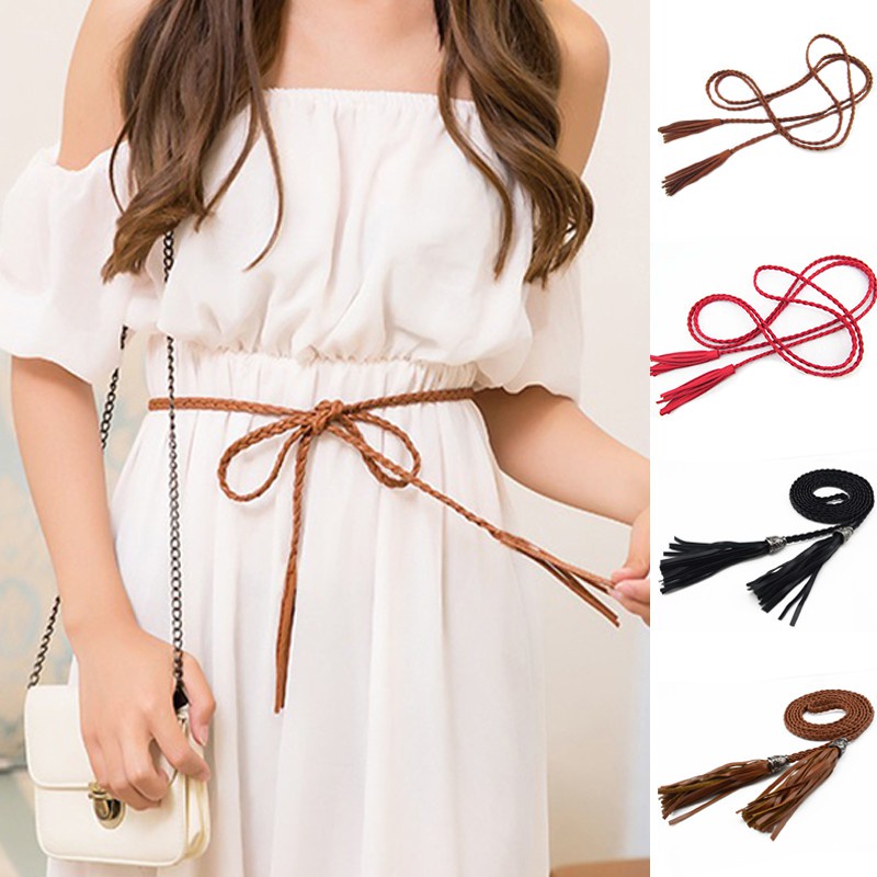 Thắt Lưng Dây Da Bện Phối Tua Rua Thời Trang Cho Nữ