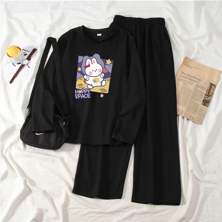 Sét Áo Thỏ Happy +quần suông, Áo thun tay dài from rộng, Chất đẹp không xù, quần suông ống rộng, Sét bộ mặc ở nhà - MODY