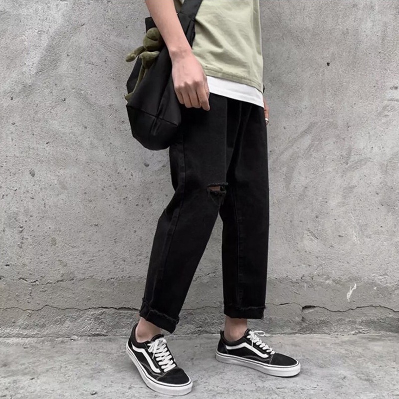 Quần Baggy Nam Jeans Xanh Rách Gối Phom Suông Ống Rộng Dáng Đứng 2STOREGLE Phong Cách Hàn Quốc Trẻ Trung Năng Động