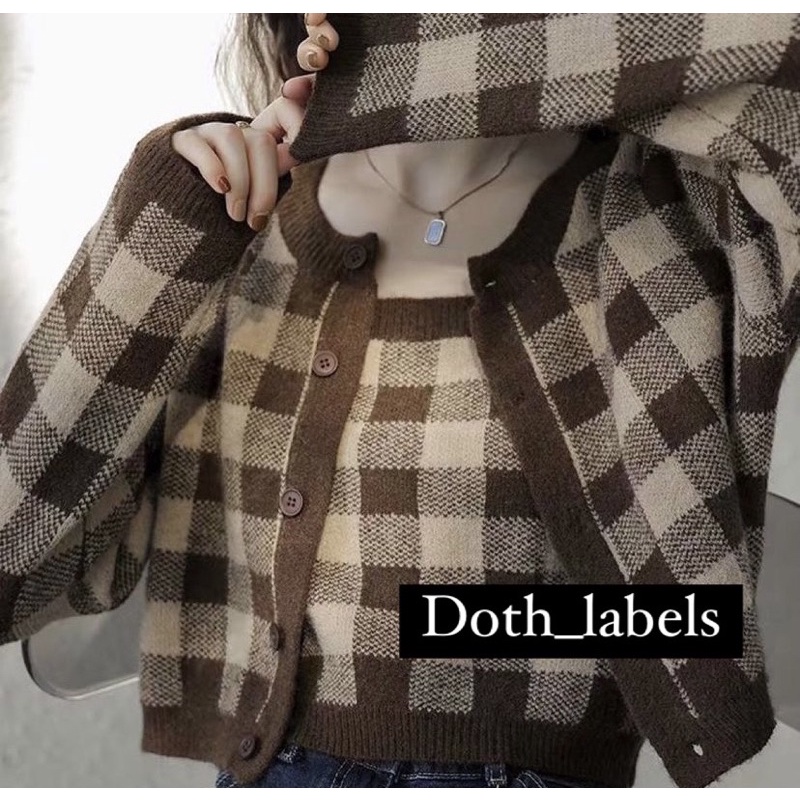 Áo set 2 dây cardigan caro