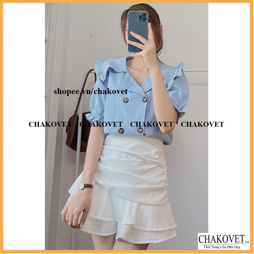 Áo kiểu nữ 6 khuy cổ bèo CKA837, kiểu áo sơ mi nữ tay ngắn bo chun mặc đẹp tôn dáng đẹp da phù hợp đi làm đi chơi | BigBuy360 - bigbuy360.vn