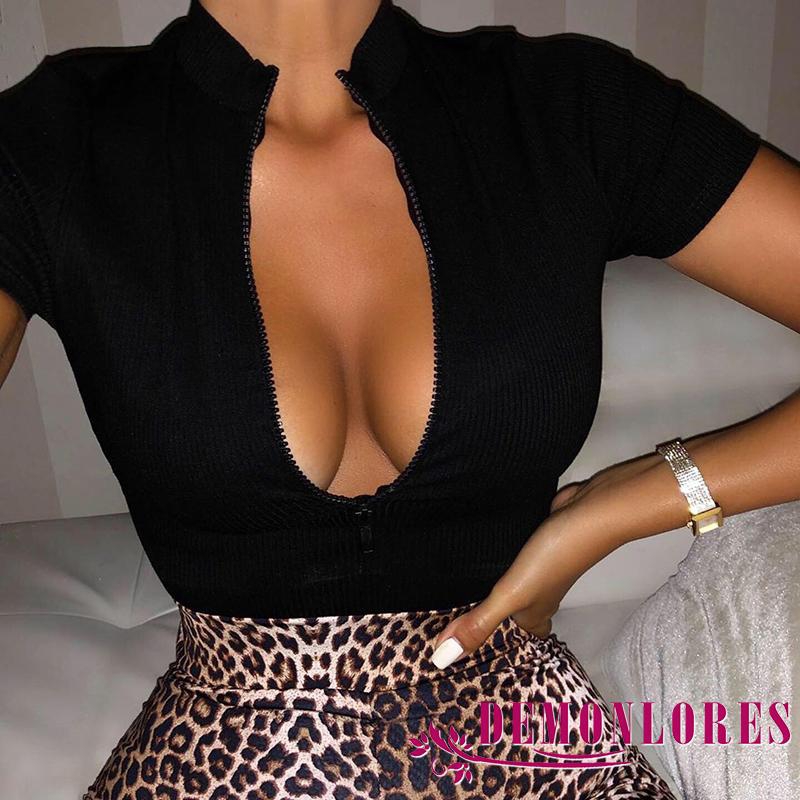 Áo Thun Tay Ngắn Có Khóa Kéo Thời Trang Cá Tính Cho Nữ